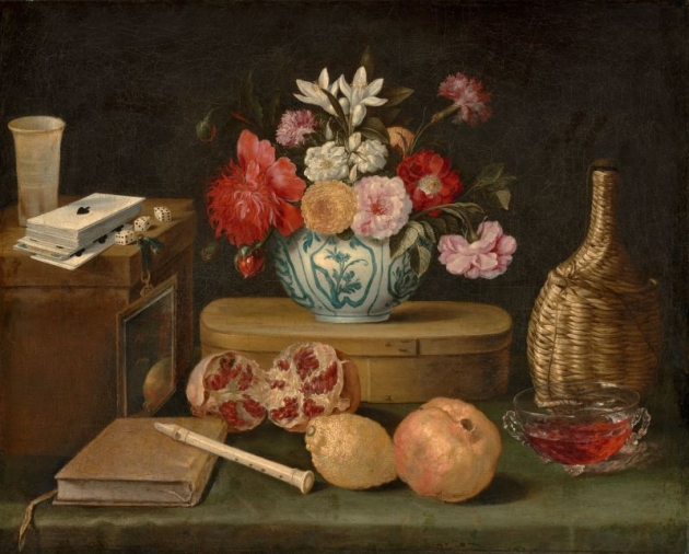 Linard's still-life painting depicting objects that symbolize the five senses, along with a bouquet of flowers