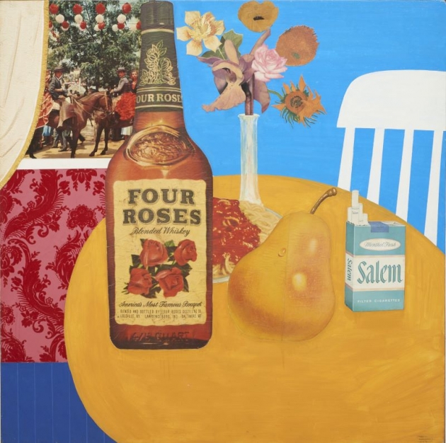 Wesselman's still life painting and collage depicting objects on a round table